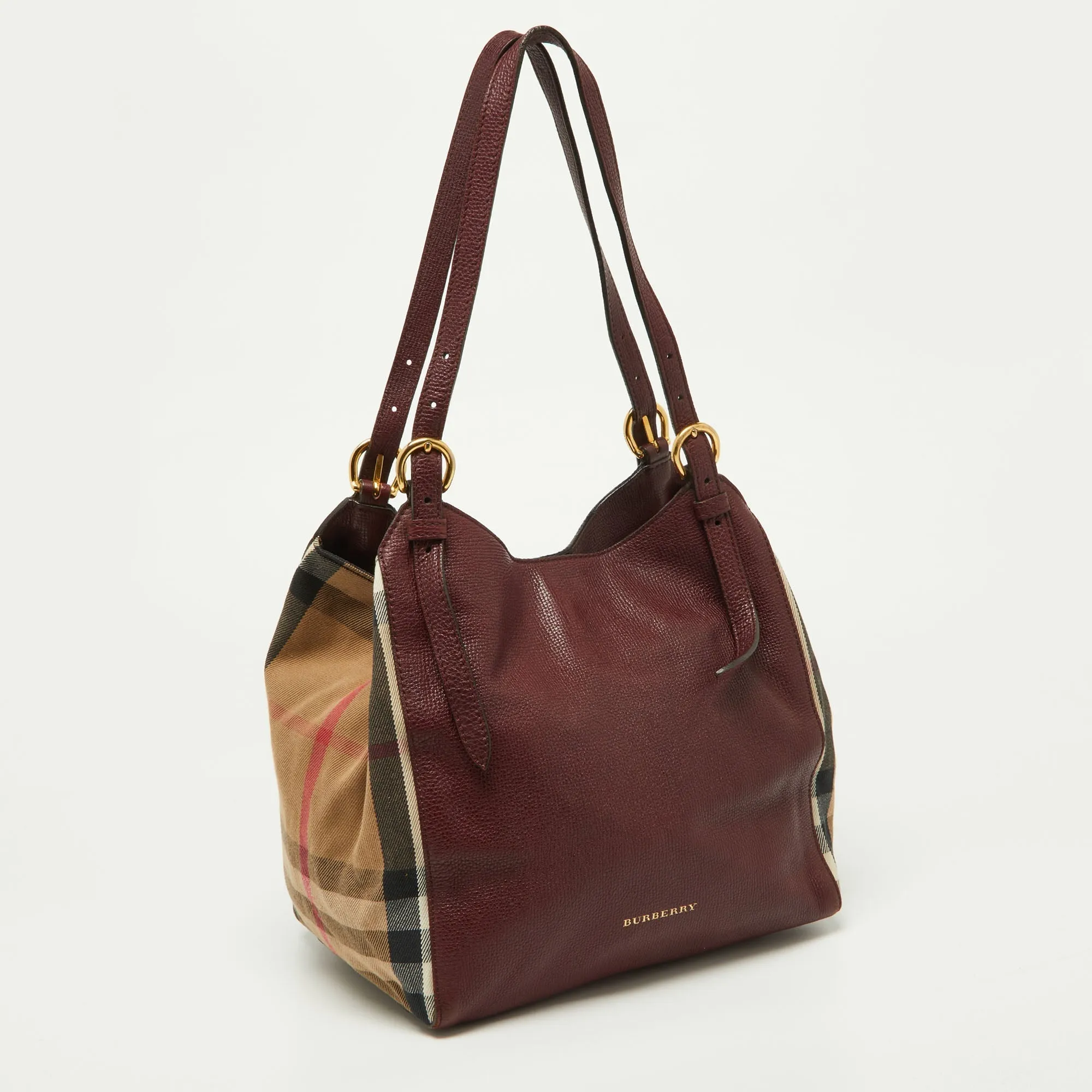 BURBERRY Burgundy/Beige House Check Fabric and Leather Small Canterbury Tote